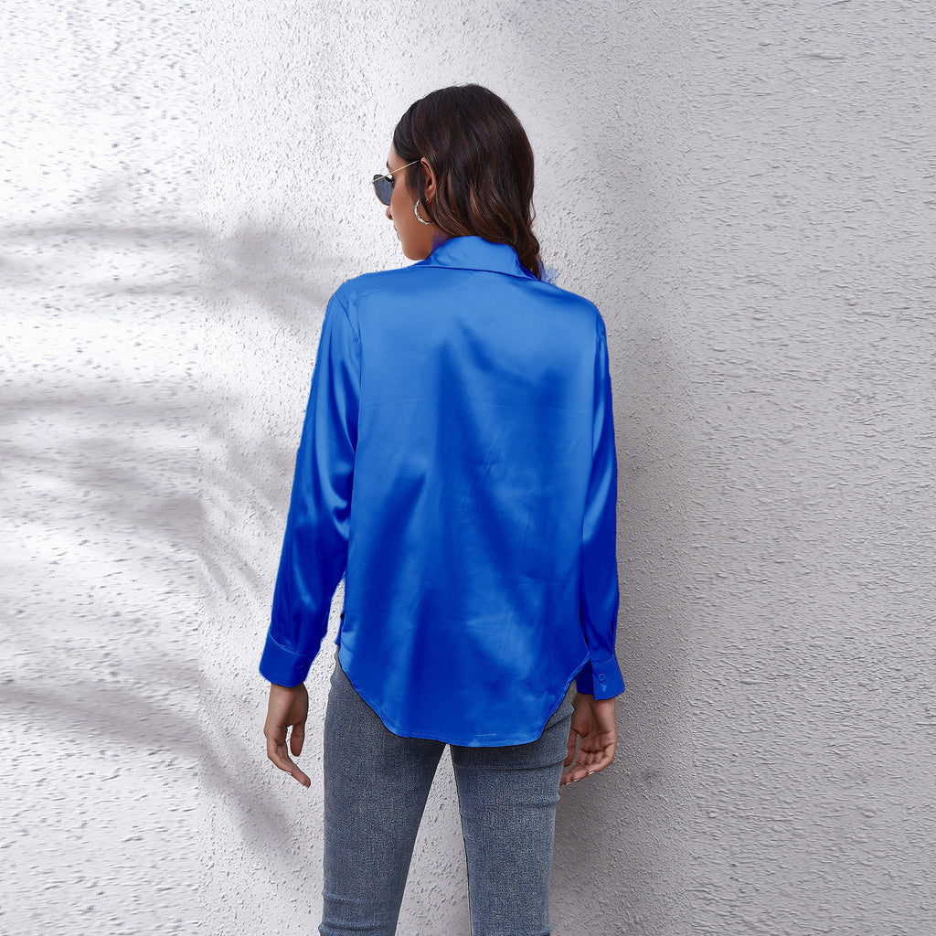 Women’s Royal Satin Long Sleeve Button‑Down Shirt Collared Loose‑Fit Silky Blouse