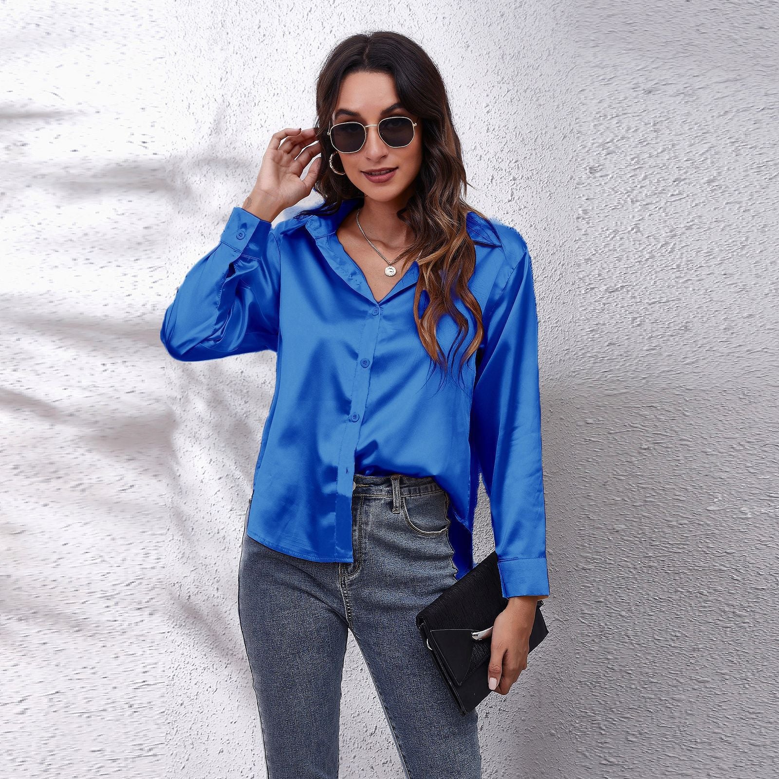 Women’s Royal Satin Long Sleeve Button‑Down Shirt Collared Loose‑Fit Silky Blouse