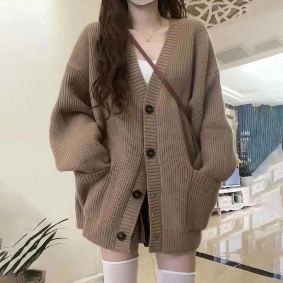 Women’s Brown Ribbed Knit V-Neck Cardigan Long Sleeve Loose-Fit Sweater with Pockets