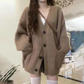 Women’s Brown Ribbed Knit V-Neck Cardigan Long Sleeve Loose-Fit Sweater with Pockets
