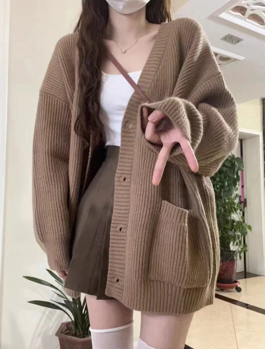 Women’s Brown Ribbed Knit V-Neck Cardigan Long Sleeve Loose-Fit Sweater with Pockets