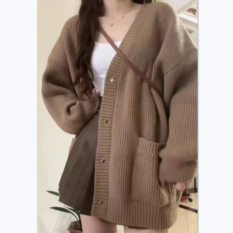 Women’s Brown Ribbed Knit V-Neck Cardigan Long Sleeve Loose-Fit Sweater with Pockets