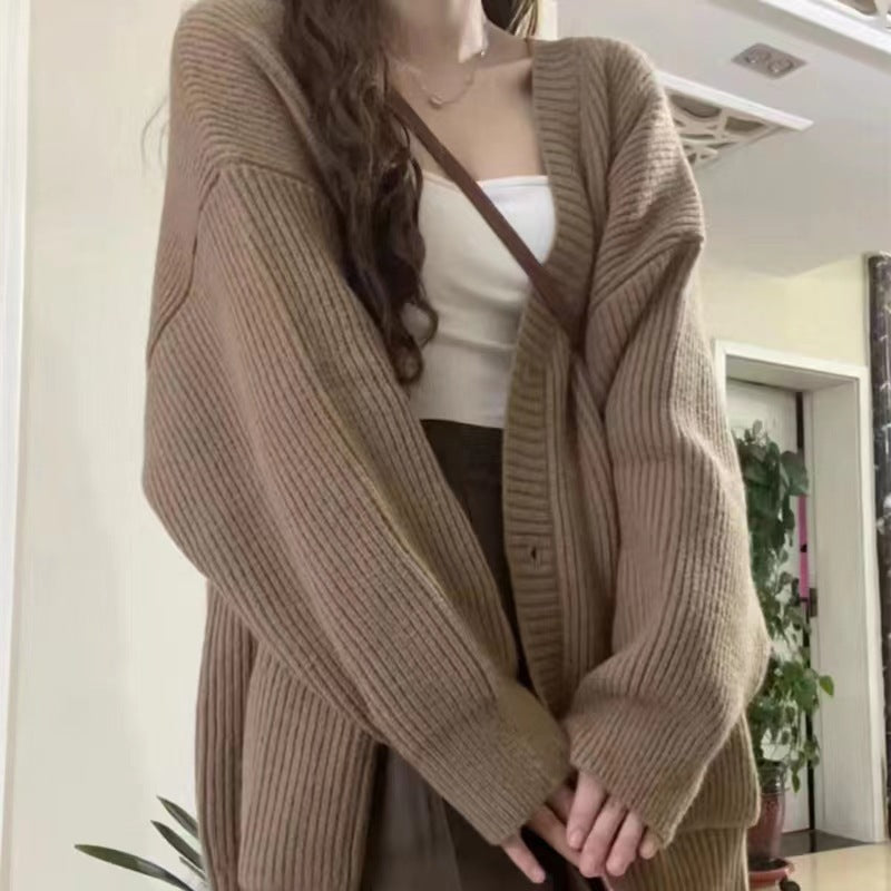 Women’s Brown Ribbed Knit V-Neck Cardigan Long Sleeve Loose-Fit Sweater with Pockets