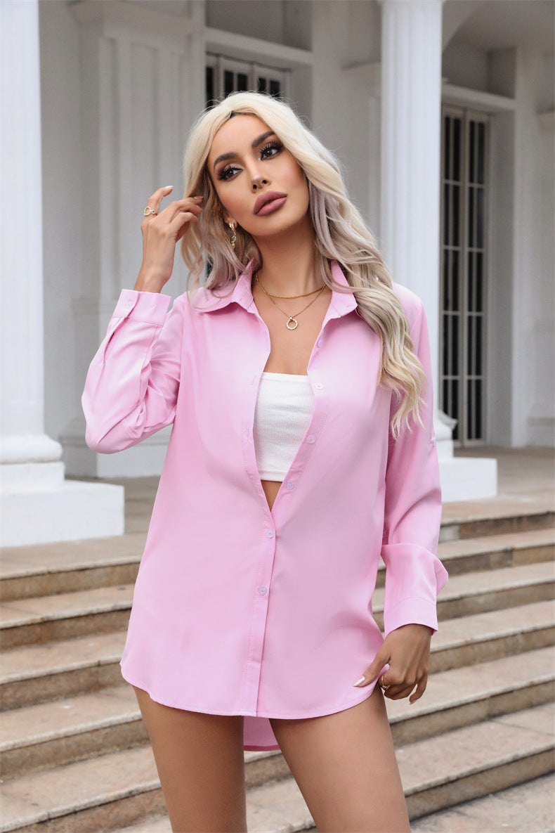 Women’s Pink Roll‑Tab Long Sleeve Button‑Down Shirt Loose‑Fit Collared Tunic Blouse