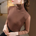 Women’s Brown Sheer Mesh Turtleneck Long Sleeve Top Slim‑Fit Stretchy Layering Blouse