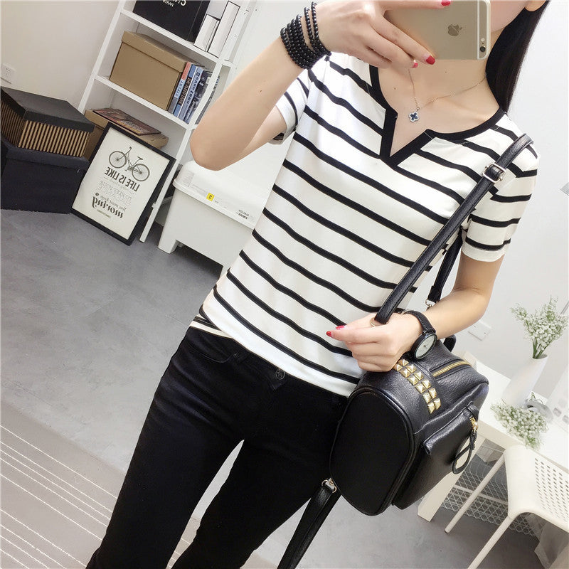Women’s Notch Neck Short Sleeve T‑Shirt Slim‑Fit Casual Basic Tee