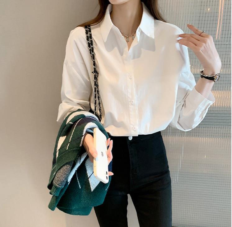 Women’s Classic White Button‑Down Shirt Long Sleeve Point Loose‑Fit Blouse