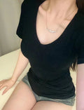Women’s Black U-Neck Short Sleeve T‑Shirt Slim‑Fit Ribbed Form-Fitting Top